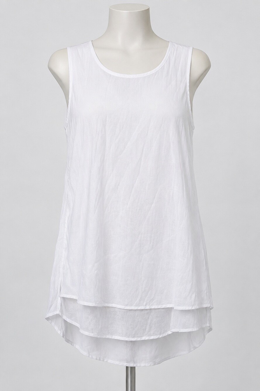 Cristina B Medium White Sleeveless Blouse Layered Hem Lightweight